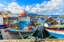 Colorful Typical Greek Fishing Boats In Port On Samos Island, Greece