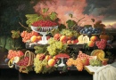 Натюрморт с фруктами и закатным пейзажем
