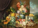 Натюрморт с фруктами, цветами и попугаем