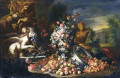 Натюрморт с цветами и фонтаном