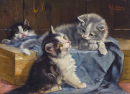 Три котенка на голубом одеяле