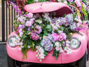 Розовый автомобиль с цветами в капоте
