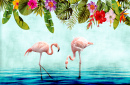 Тропические растения и фламинго