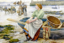 Девушка-рыбак ждет на берегу