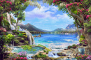 Красивый сад с цветами и водопадами
