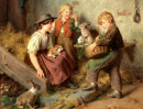 Дети с кроликами в конюшне