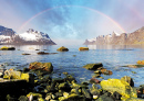 Норвежский фьорд с радугой над морем
