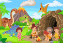 Группа мультяшных пещерных людей и динозавров