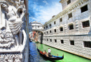 Italy. Venice . Gondolas Passing Over Bridge of Sighs, Famous Bridge and Landmark